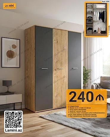 3 qapılı paltar dolabı – Kod: 1090 - Ölçülər: D 47 × H 200 × E 120 sm — 1