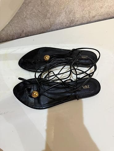 Женская обувь: ZARA brend qadın sandalı - Rəng: qara - Model: ipli/gladiator tərzi — 2