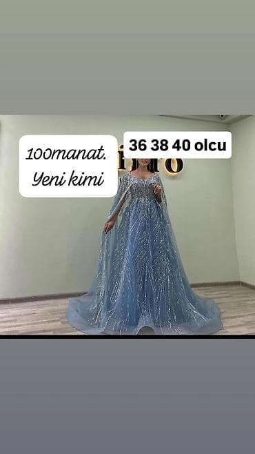 Məhsul: Gümüşü parıltılarla bəzədilmiş, açıq mavi rəngdə, uzun ətəkli — 1