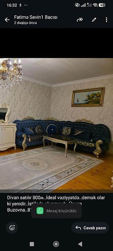 divan 2 ci el: Divan satılır 800₼. İdeal vəziyyətdə. demək olar ki yenidir. İstifadə — 1