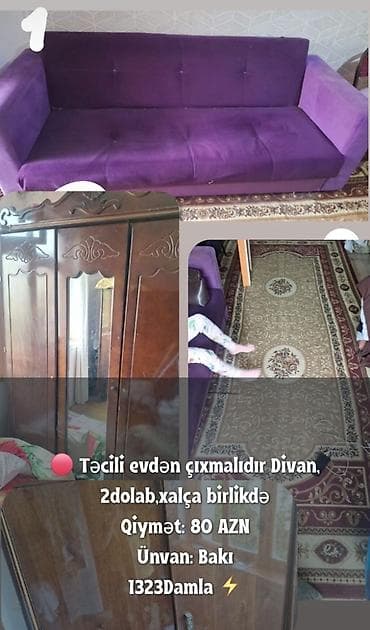 Mebel dəsti: divan, 2 qapılı şkaflar və xalça bir yerdə. - Divan — 2