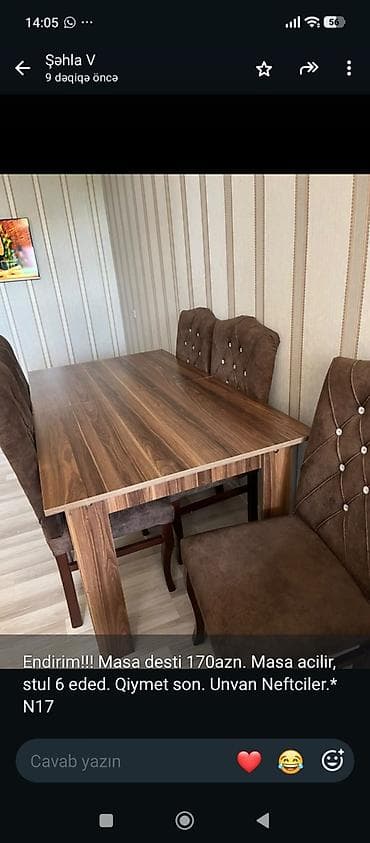 077 613 12 74 Mebel dəsti – açılan masa və 6 ədəd stul. - Masa: açılıb — 1