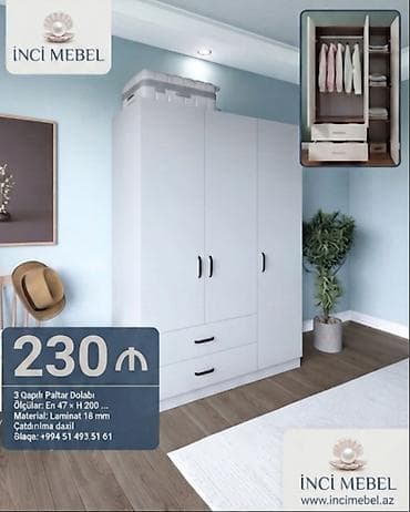 Yeni, 3 qapılı, Siyirməli, Ağ, Açılan, Düz dolab — 1