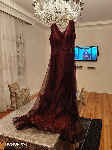 sarafan donlar: Şərab-bordo rəngli zərif ziyafət/libas - Yarıdarlanan parıltılı — 5