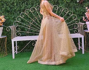 Qızılı rəngdə uzun ziyafət/libas - Model: A-kəsim, tam ətəkli, yerə — 4