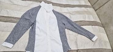 ev geyimleri sekilleri: Qadın geyimləri dəsti – 4 ədəd 1) Ağ köynək və boz trikotaj kardiqan — 1