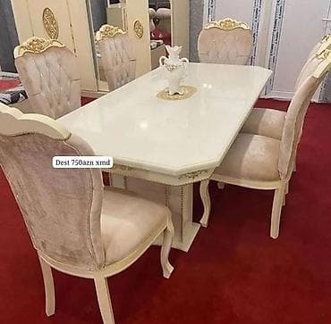 kafe stolu: Yemək otağı dəsti – masa və 6 stul - Klassik üslub: krem/ivori rəng — 1