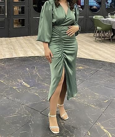 Zərif ziyafət donu - Rəng: zeytun-yaşıl, atlas parıltılı toxuma - — 1