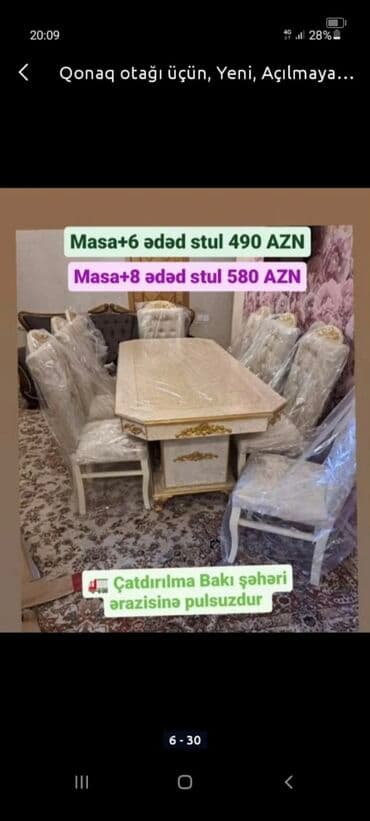 ders masaları: Qonaq otağı üçün, Yeni, Açılmayan, Dördbucaq masa, 6 stul — 4