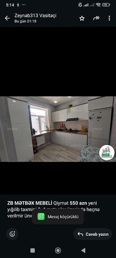 Mətbəx mebeli: *ZB* *MƏTBƏX MEBELİ* Qiymət *550 azn* yeni yığılib təxmini 3_4 metr — 1