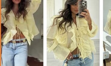 şifon koynekler: Şifon qadın bluz – açıq sarı rəng - Material: yüngül, şəffaf şifon — 2