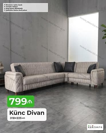 Künc Divan – 318×225 sm - Mexanizm: Açılan, bazalı (yataq funksiyası