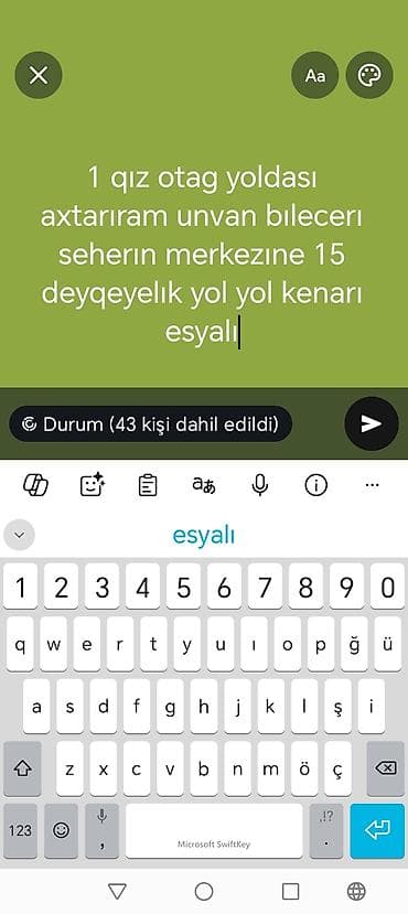 Bir qız otaq yoldaşı axtarılır. Ünvan: Biləcəri. Şəhər mərkəzinə 15