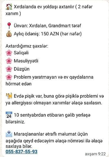 kiralık ev: 🏡 Xırdalanda ev yoldaşı axtarılır ( 2 nəfər xanım ) 📍 Ünvan — 9