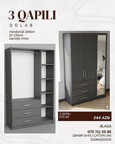 3 qapılı paltar dolabı – funksional dizayn, tünd boz rəng. Ölçülər: -