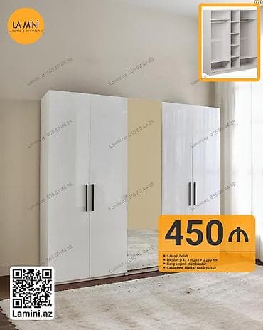 hamam dolapları: 5 qapı, Güzgülü, Ağ, Açılan, Düz dolab — 1