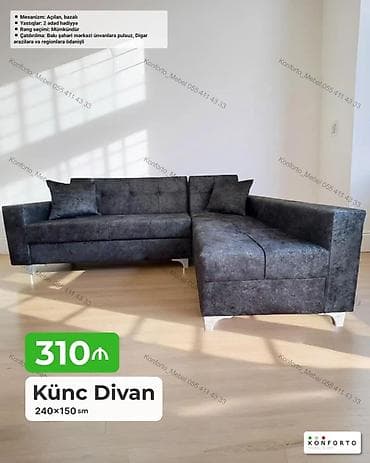 Künc divan – 240×150 sm - Mexanizm: açılan, bazalı (yataq funksiyası — 1