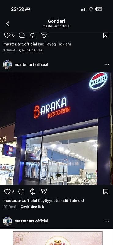 loqolar: Xidmət: İşıqlı reklam lövhələri və interyer brendinqi Təsvir: - Fasad — 9