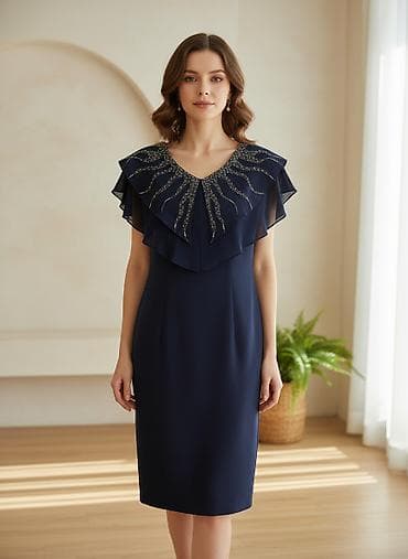 Qadın paltarı – tünd lacivərt, şifon detallı - Model: dizə yaxın at lalafo.az Qadın paltarı – tünd lacivərt, şifon detallı - Model: dizə yaxın