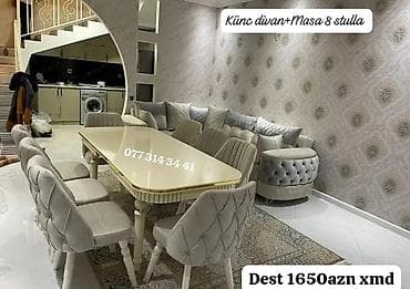 Künc divan + masa və 8 stul dəsti - Dəst tərkibi: yumşaq künc divan lalafo.az -da Künc divan + masa və 8 stul dəsti - Dəst tərkibi: yumşaq künc divan