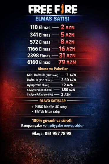 FREE FIRE – Elmas satışı və oyun daxili paketlər Elmas paketləri: - lalafo.az -da FREE FIRE – Elmas satışı və oyun daxili paketlər Elmas paketləri: -