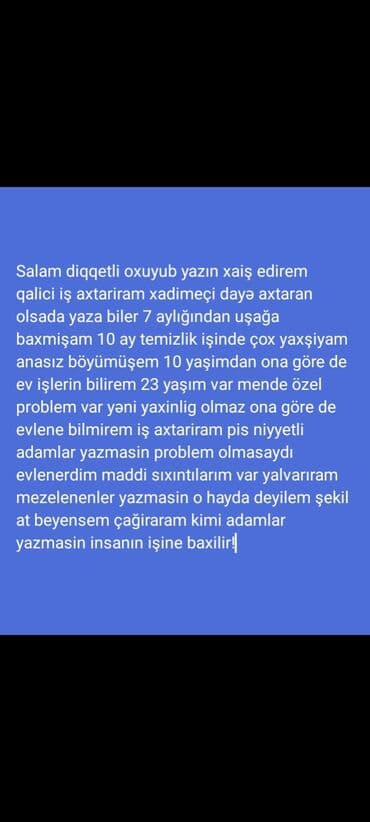 Uşağa baxıcı və ev işləri üzrə xidmət - 7 aylıqdan etibarən uşağa lalafo.az -da Uşağa baxıcı və ev işləri üzrə xidmət - 7 aylıqdan etibarən uşağa