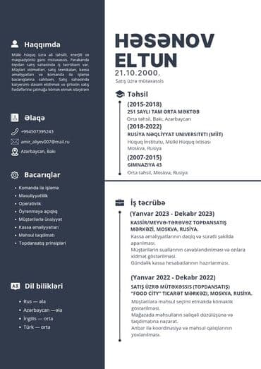 Xidmət: Satış üzrə mütəxəssis (CV) Məzmun: - Ad: Həsənov Eltun - lalafo.az -da Xidmət: Satış üzrə mütəxəssis (CV) Məzmun: - Ad: Həsənov Eltun -