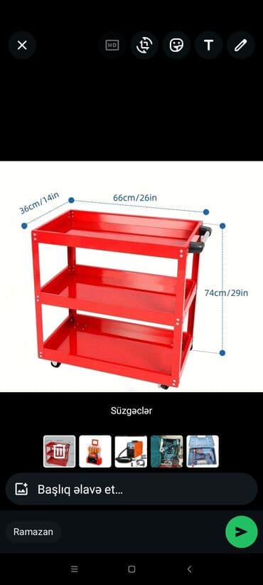 Metal alətlər arabası – 3 mərtəbəli, qırmızı - Ölçülər: uzunluq 66 sm lalafo.az -da Metal alətlər arabası – 3 mərtəbəli, qırmızı - Ölçülər: uzunluq 66 sm