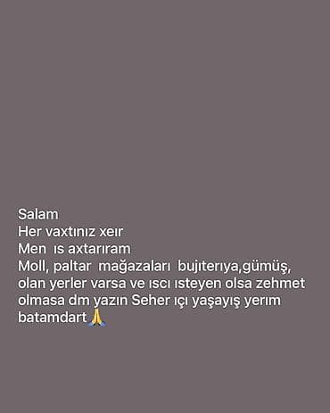 Xidmət: Pərakəndə satış sahəsində iş axtarışı Açıqlama: - Mollarda və lalafo.az -da Xidmət: Pərakəndə satış sahəsində iş axtarışı Açıqlama: - Mollarda və