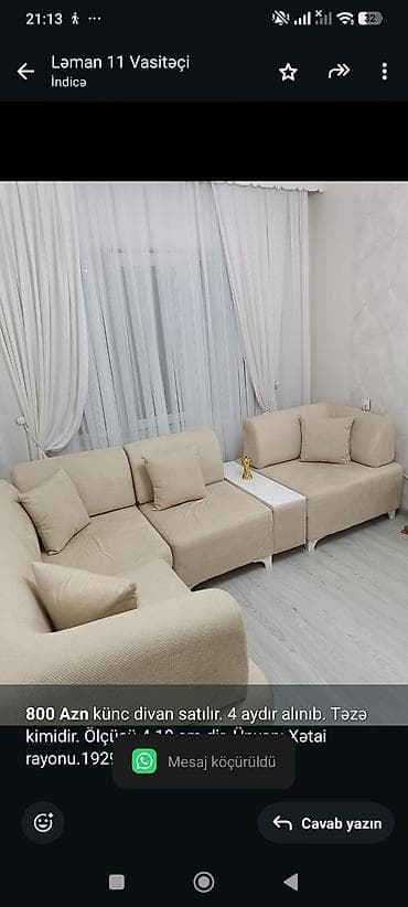 *800 Azn* künc divan satılır. 4 aydır alınıb. Təzə kimidir. Ölçüsü lalafo.az -da *800 Azn* künc divan satılır. 4 aydır alınıb. Təzə kimidir. Ölçüsü