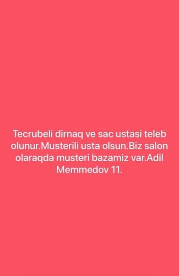 Vakansiya: Təcrübəli dırnaq və saç ustası - Müştərili usta tələb lalafo.az -da Vakansiya: Təcrübəli dırnaq və saç ustası - Müştərili usta tələb