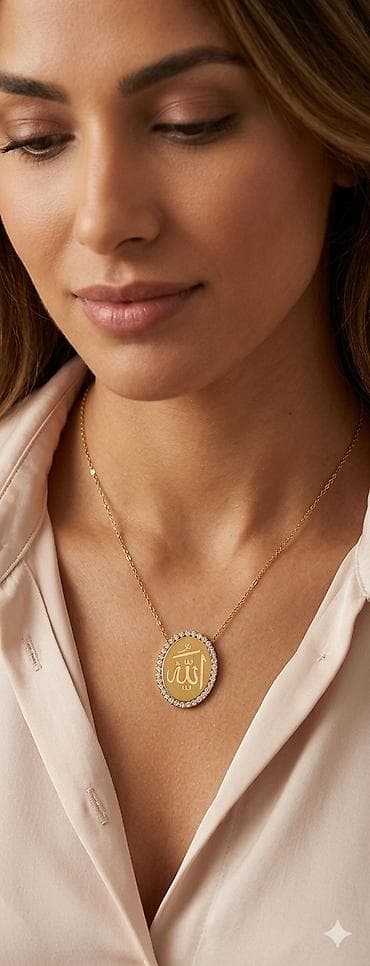 Qızılı rəngli “Allah” yazılı medalion boyunbağı - Dizayn: Oval lalafo.az -da Qızılı rəngli “Allah” yazılı medalion boyunbağı - Dizayn: Oval