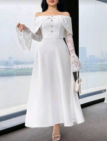 Zərif ağ uzun don - Model: çiyinləri açıq, A-kəsimli uzun siluet - lalafo.az -da Zərif ağ uzun don - Model: çiyinləri açıq, A-kəsimli uzun siluet -