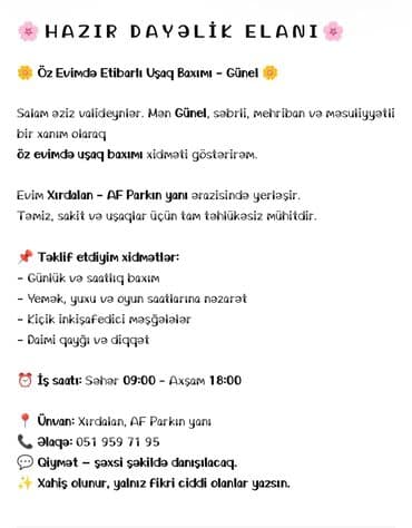 Xırdalanda evdə etibarlı uşaq baxımı – Günel Xidmət təsviri: - Öz lalafo.az -da Xırdalanda evdə etibarlı uşaq baxımı – Günel Xidmət təsviri: - Öz