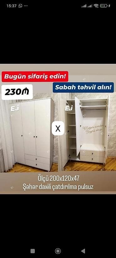 Ağ rəngli 3 qapılı paltar şkafı - Ölçü: 200 x 120 x 47 sm - Daxili lalafo.az -da Ağ rəngli 3 qapılı paltar şkafı - Ölçü: 200 x 120 x 47 sm - Daxili