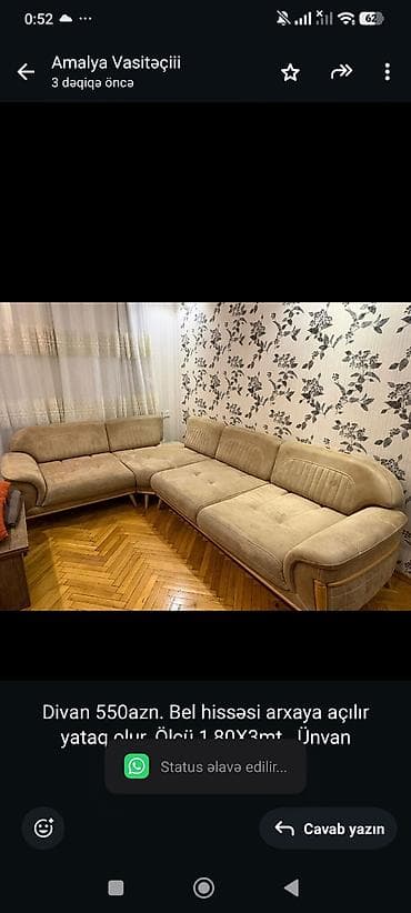 Divan 550azn. Bel hissəsi arxaya açılır yataq olur. Ölçü 1,80X3mt at lalafo.az Divan 550azn. Bel hissəsi arxaya açılır yataq olur. Ölçü 1,80X3mt