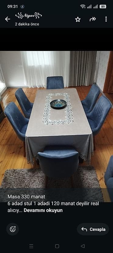Masa 330 manat 6 ədəd stul 1 ədədi 120 manat deyilir real alıcıya lalafo.az -da Masa 330 manat 6 ədəd stul 1 ədədi 120 manat deyilir real alıcıya