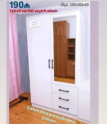 Ağ rəngli üç qapılı şkaf: - Ölçü: 195×90×45 sm - Geniş güzgülü qapı - at lalafo.az Ağ rəngli üç qapılı şkaf: - Ölçü: 195×90×45 sm - Geniş güzgülü qapı -