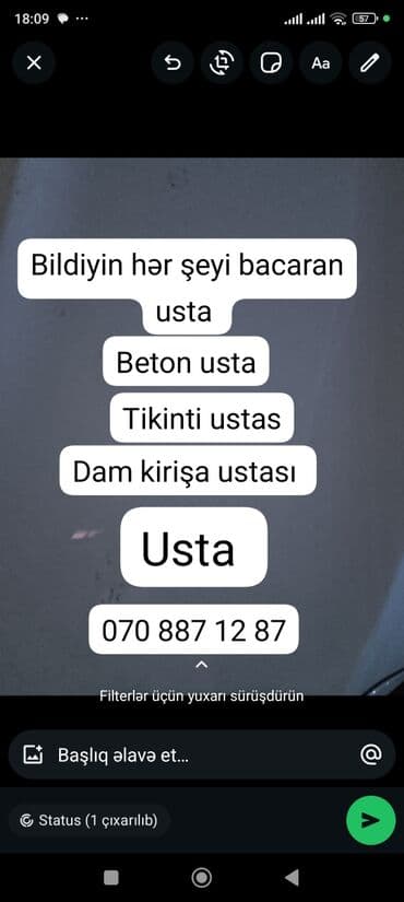 Tikinti və təmir üzrə çoxşaxəli usta xidməti. İxtisaslar: - Beton lalafo.az -da Tikinti və təmir üzrə çoxşaxəli usta xidməti. İxtisaslar: - Beton
