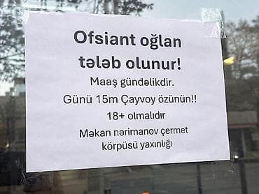 Ofisiant tələb olunur, Gündəlik ödəniş, 18-29 yaş lalafo.az -da Ofisiant tələb olunur, Gündəlik ödəniş, 18-29 yaş