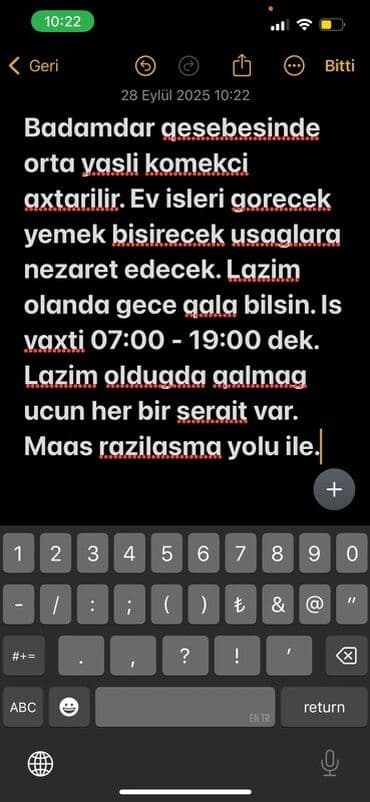 Badamdar qəsəbəsində ev köməkçisi axtarılır. Vəzifələr: - Ev lalafo.az -da Badamdar qəsəbəsində ev köməkçisi axtarılır. Vəzifələr: - Ev