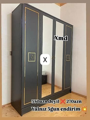 Qapılı paltar şkafı - Rəng: tünd boz/qara ton, qızılı dekor xətlər və lalafo.az -da Qapılı paltar şkafı - Rəng: tünd boz/qara ton, qızılı dekor xətlər və