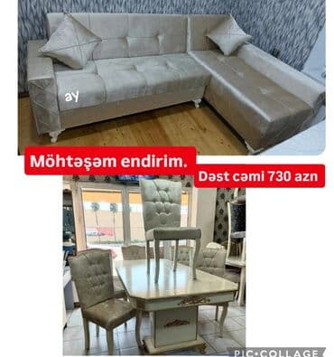 Mebel dəsti – yumşaq künc divanı və yemək masası ilə 6 ədəd stul. - lalafo.az -da Mebel dəsti – yumşaq künc divanı və yemək masası ilə 6 ədəd stul. -