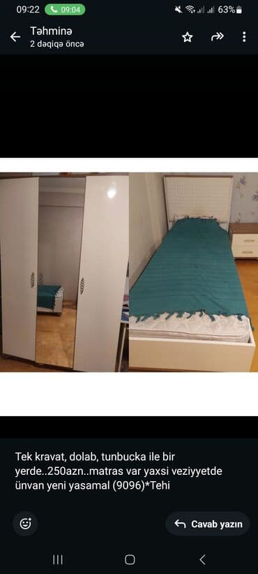 Tek kravat, dolab, tunbucka ile bir yerde. 250azn. matras var yaxsi lalafo.az -da Tek kravat, dolab, tunbucka ile bir yerde. 250azn. matras var yaxsi