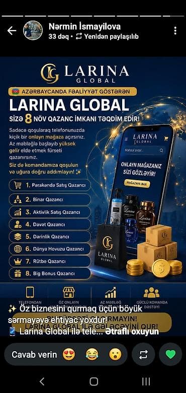 Larina Global – telefonunuzdan kiçik bir onlayn mağaza açaraq gəlir at lalafo.az Larina Global – telefonunuzdan kiçik bir onlayn mağaza açaraq gəlir