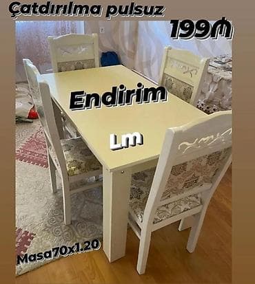 *Masa dəsti* _*MASA +4 STULL💥*_ Qiymət : *199₼* Masa ölçü: 70x1.20 lalafo.az -da *Masa dəsti* _*MASA +4 STULL💥*_ Qiymət : *199₼* Masa ölçü: 70x1.20