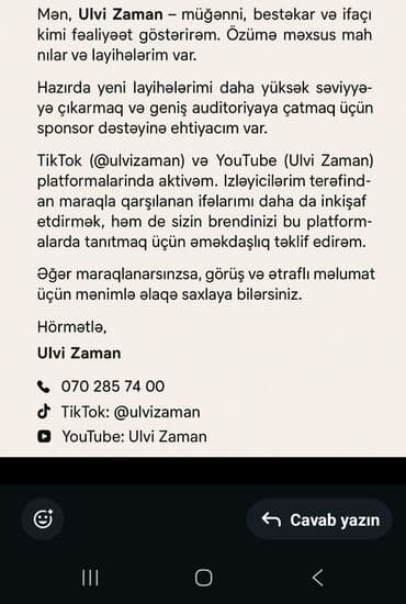 Müğənni, bəstəkar və ifaçı kimi fəaliyyət göstərən Ulvi Zamanın brend lalafo.az -da Müğənni, bəstəkar və ifaçı kimi fəaliyyət göstərən Ulvi Zamanın brend