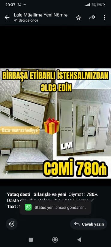 *Yataq dəsti* *Sifarişlə və yeni* Qiymət : *780₼* Dəstə daxildir lalafo.az -da *Yataq dəsti* *Sifarişlə və yeni* Qiymət : *780₼* Dəstə daxildir