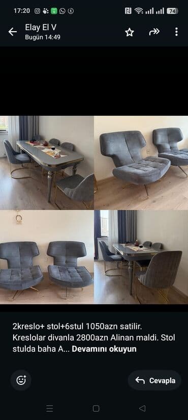 2kreslo+ stol+6stul 1050azn satilir. Kreslolar divanla 2800azn Alinan lalafo.az -da 2kreslo+ stol+6stul 1050azn satilir. Kreslolar divanla 2800azn Alinan