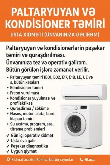 Paltaryuyan və kondisioner üçün usta xidməti Peşəkar təmir və lalafo.az -da Paltaryuyan və kondisioner üçün usta xidməti Peşəkar təmir və